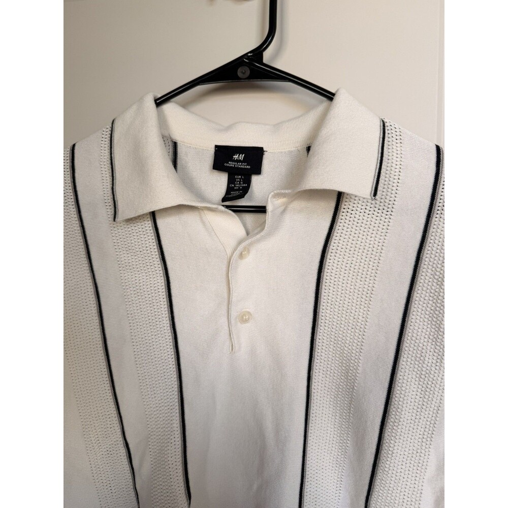 H&M Men's Cream Textured Striped Short-Sleeve Polo